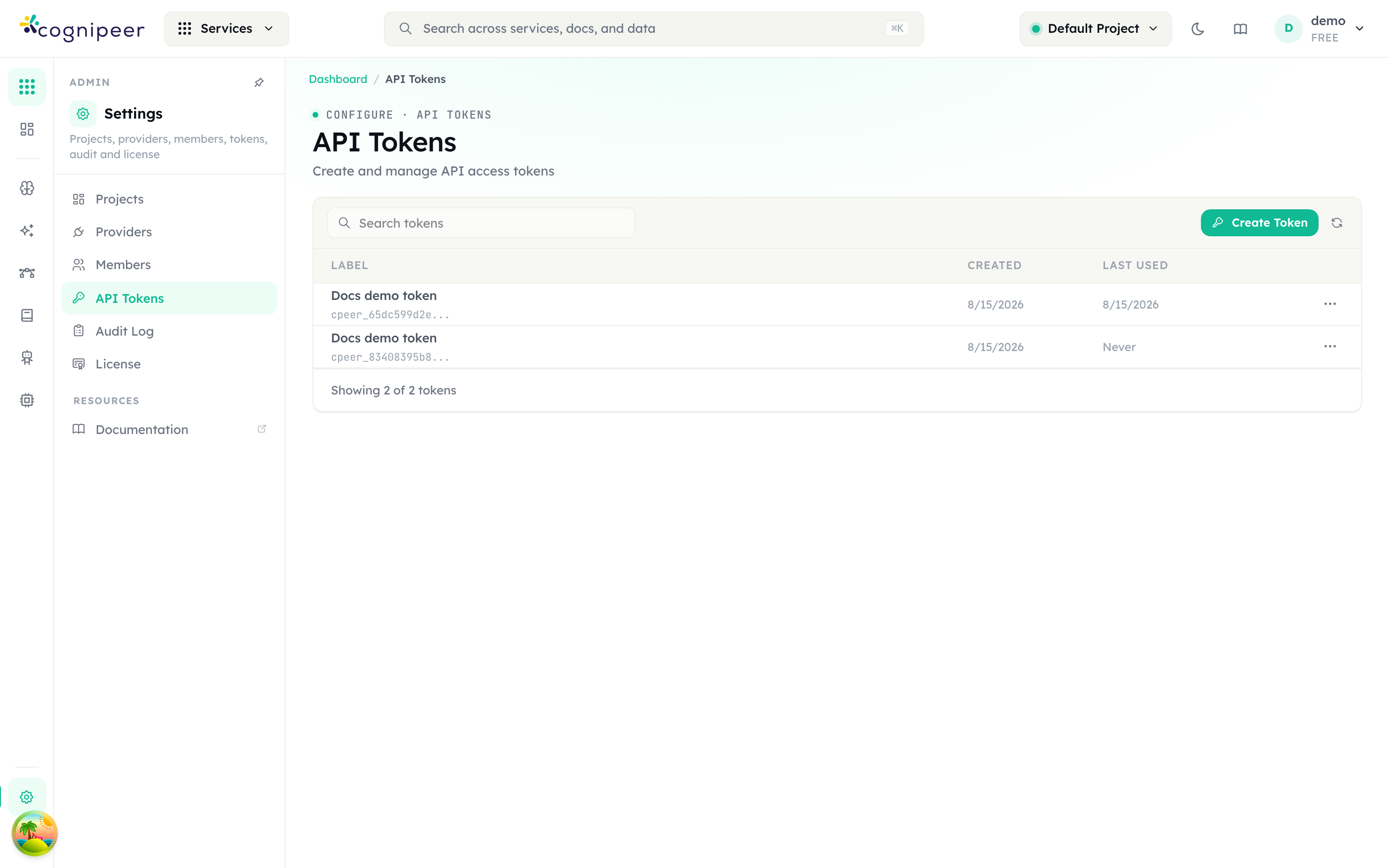 The API Tokens screen with the Create Token button